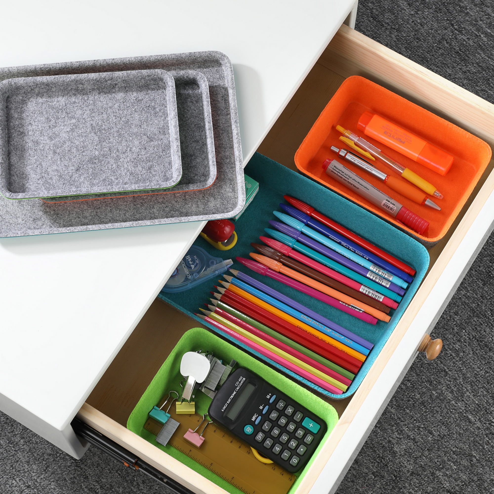 Welaxy Lidded drawer organizer bins home office work desktop storage box with lid for junk makeup stationery organizing 3-pack