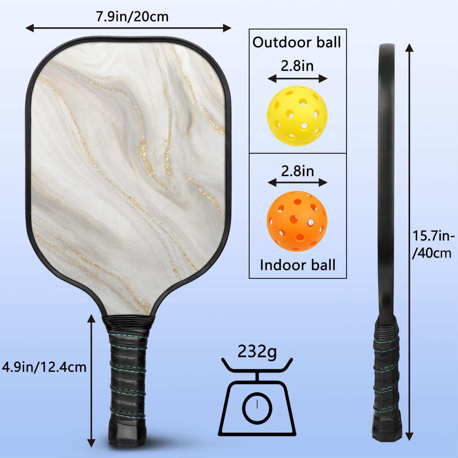 Pickleball Paddles Set Of 1, Fiberglass Surface, Turquoise Marble Pattern, 1 Paddle, 2 Balls & Bag