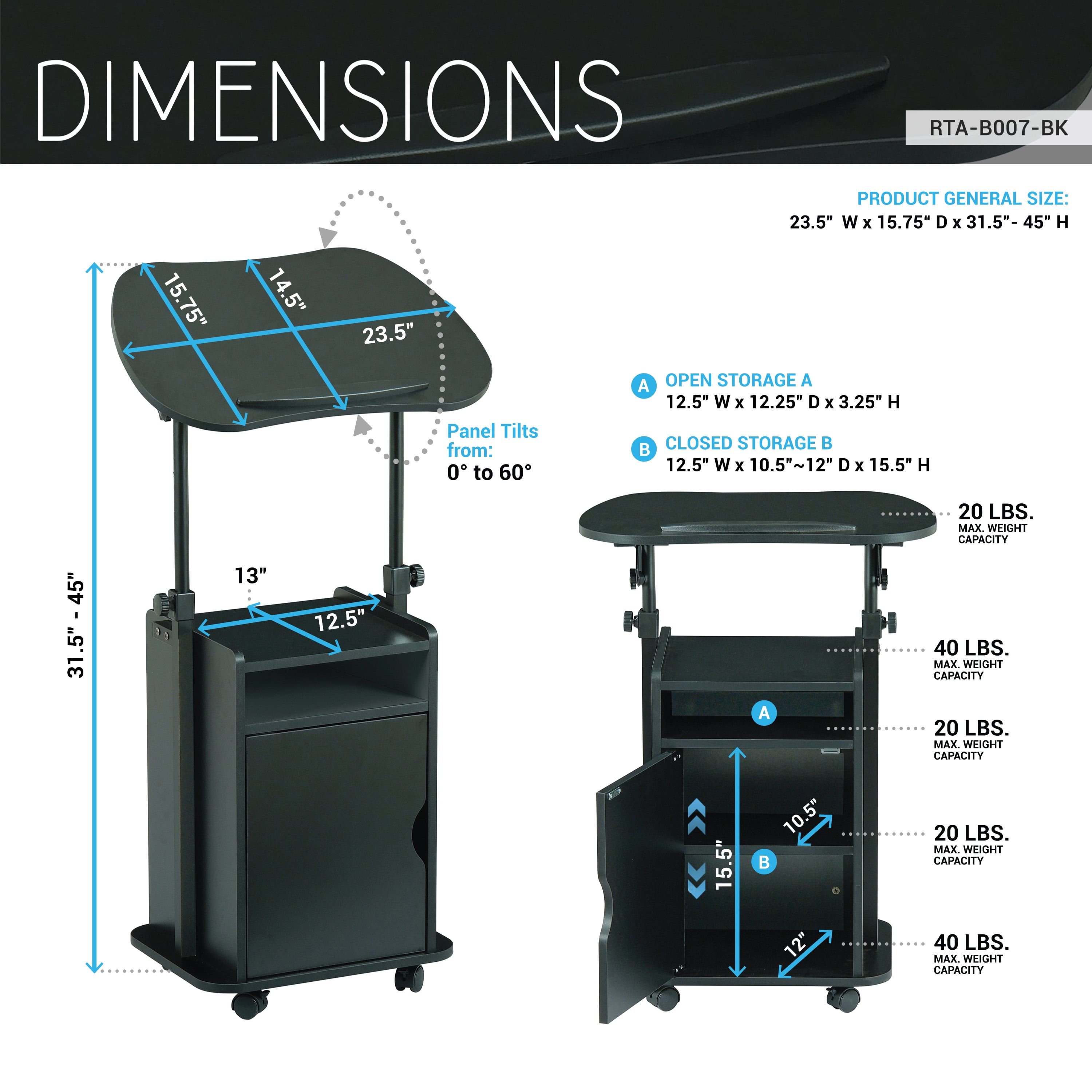 Sit-to-Stand Rolling Adjustable Laptop Cart with Storage Cabinet & Open Shelf, Lockable Wheels Ergonomic Mobile Standing Desk Podium for Home Office Classroom Bedside