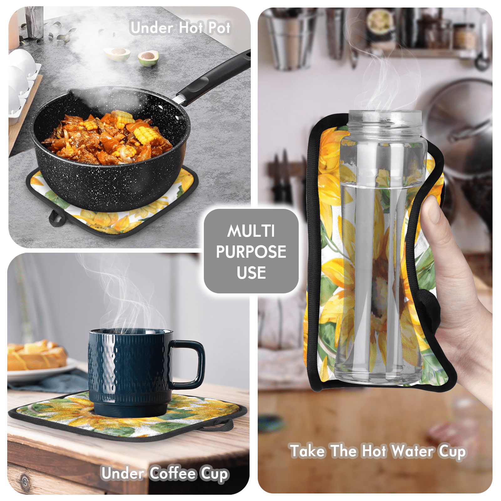 CURLYOOT Sunflower Oven Mitts and Pot Holders Sets of 2, Non-Slip Washable Watercolor Flowers Hot Pads and Oven Gloves for Kitchen Cooking Baking