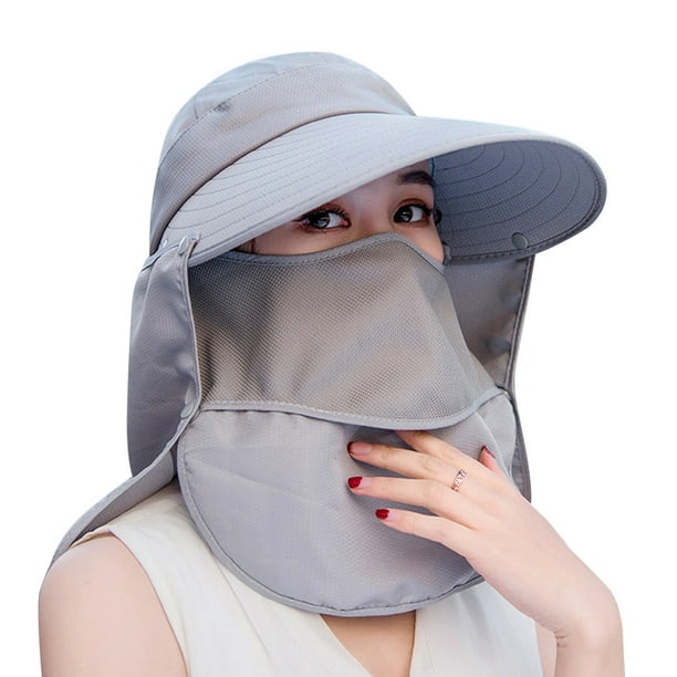 Sombrero Para El Sol Sombrero de ala ancha con protección solar para mujer, anti UV, cuello de playa, máscara facial, gorra (gris) Tmvgtek Para Estrenar