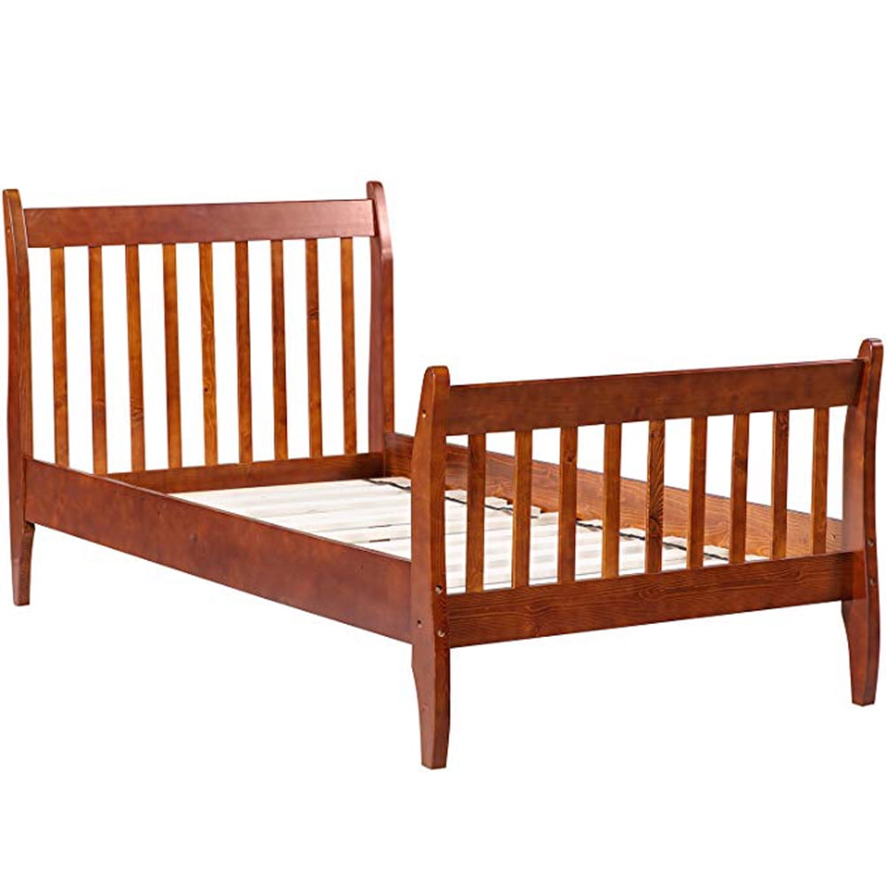Clearance Twin Bed Frame Platform Mattress Foundation with Headboard Solid Wood Slat Support-Walnut
