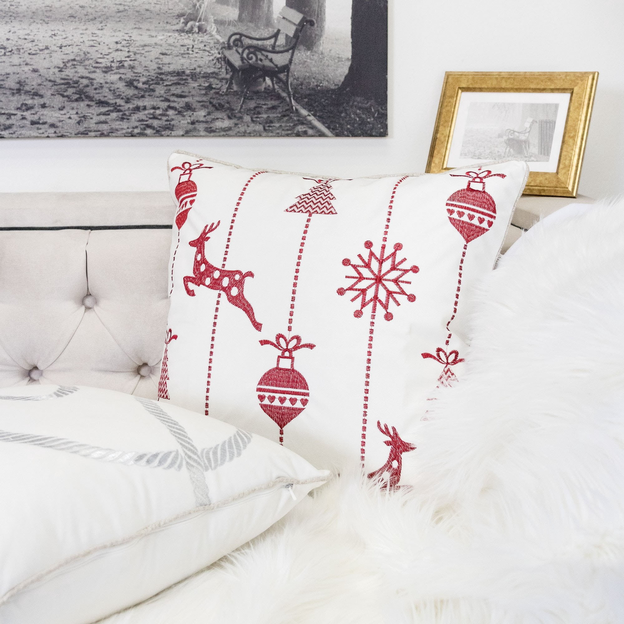 Red Christmas Embroidered Throw Pillow with Reindeer Ornaments Trees Snowflakes 20x20 Inch Holiday Decor