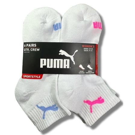 PUMA SOCKS WOMEN'S - QUARTER 253 - SOLID WHITE PINK - SHOE SZ 5-9.5 -PACK 6