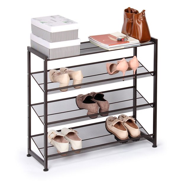4Tier Metal Shoe Rack Flat and Slant Adjustable Mesh Bronze