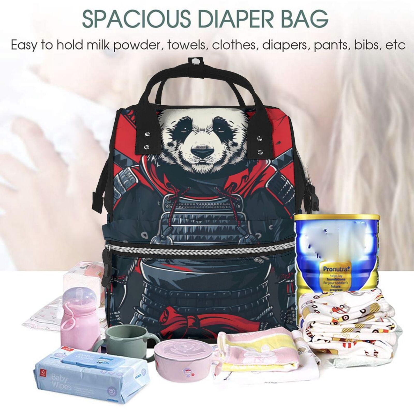 Fuzoiu Red Black Eastern Panda Warrior Print Diaper Bag Backpack,Baby Essentials Travel Tote,Multi function Waterproof Diaper Bag, Travel Essentials Baby Bag - Unisex
