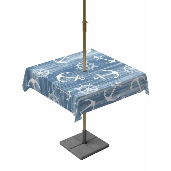 Outdoor Tablecloth with Umbrella Hole for Patio/Picnic/Party/Camping, Nautical Coastal Waterproof Table Cloth Square Cover Washable, Summer Ocean Anchors Rudder Retro Blue (54"x 54")