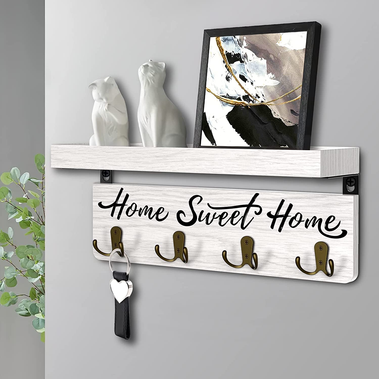 Key Holder for Wall, Dinosam Mail Organizer Wall Mount with Double 4 Key Hook and Mail Holder, Designer Key Rack Suitable for Entryway, Hallway, Bedroom, Living Room and Office，White
