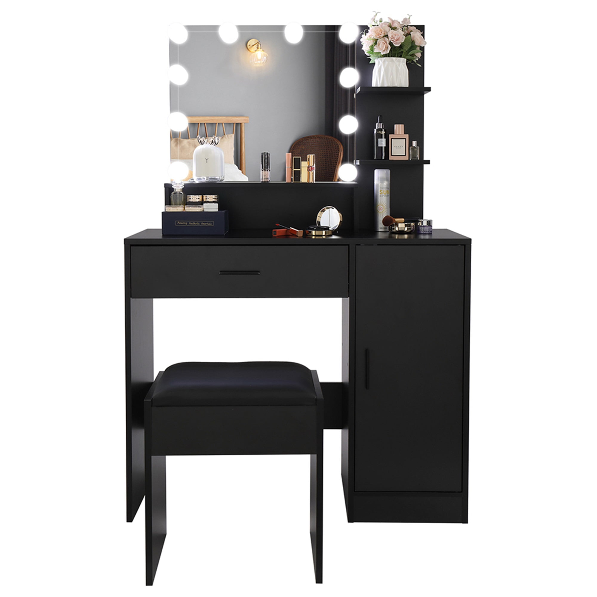 Resenkos Large Vanity Desk Set with 10 LED Bulbs, Makeup Dressing Table with Cushioned Stool for Women, Girls, Bedroom, Black