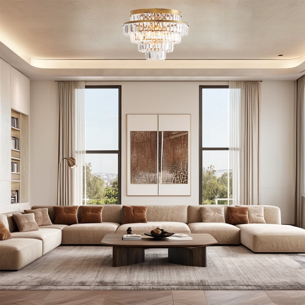 Mordern Round Antique Brass Crystal 17.75 Inch Flush Mount Light, Unique Elegant Semi Flush Mount, Hand-polished Ceiling Light, Close to Ceiling Light for Bedroom, Living Room, Dining Room
