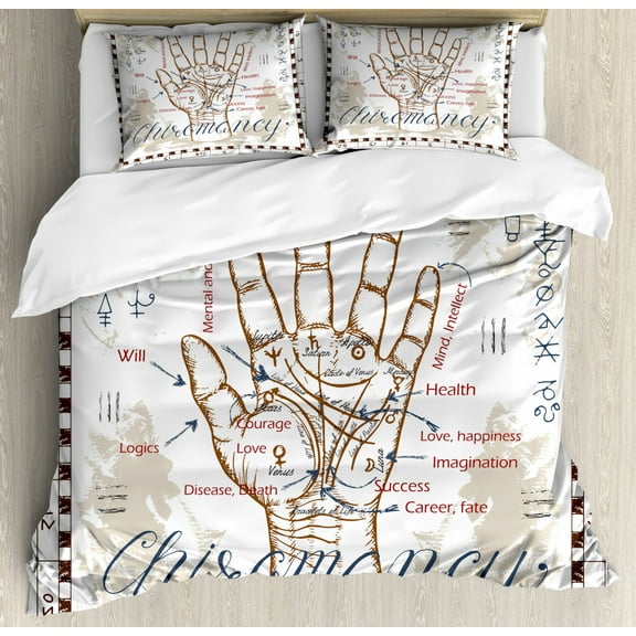 Occult Decor Queen Size Duvet Cover Set, Vintage Chiromancy Chart with an Human Hand Palm Mystic Science of Universe Image, Decorative 3 Piece Bedding Set with 2 Pillow Shams, Beige, by Ambesonne