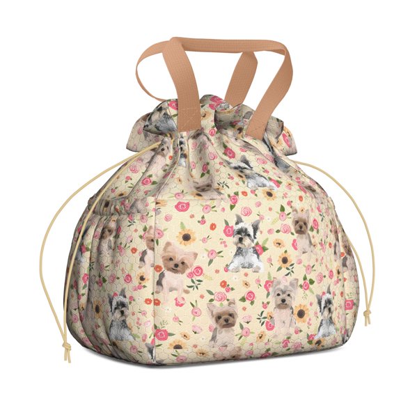 Yorkie with Flowers Drawstring Lunch Bag Women - Drawstring Lunch Bag Insulated for Work Office - Stain-Resistant Large Lunchbags for Women with Multi-Pockets