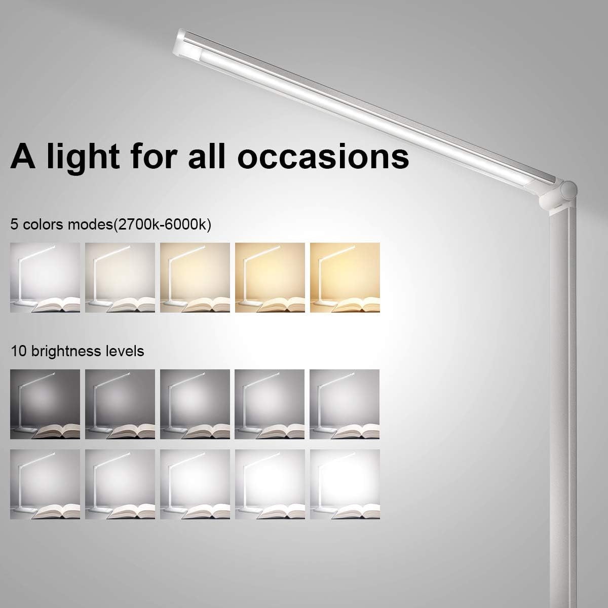 White crown LED Desk Lamp Dimmable Table Reading Lamp with USB Charging Port, 5 Lighting Modes, Sensitive Control, 30/60 Minutes Auto-Off Timer, Eye-Caring Office Lamp (Black)