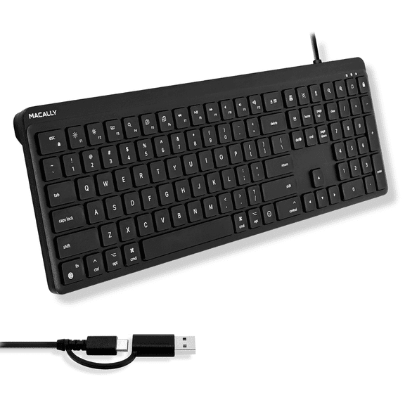 Macally Mac Wired Keyboard USB C A (Dual Plug) - Full 107 Keys, 22 Shortcuts, and Quiet Typing - Black