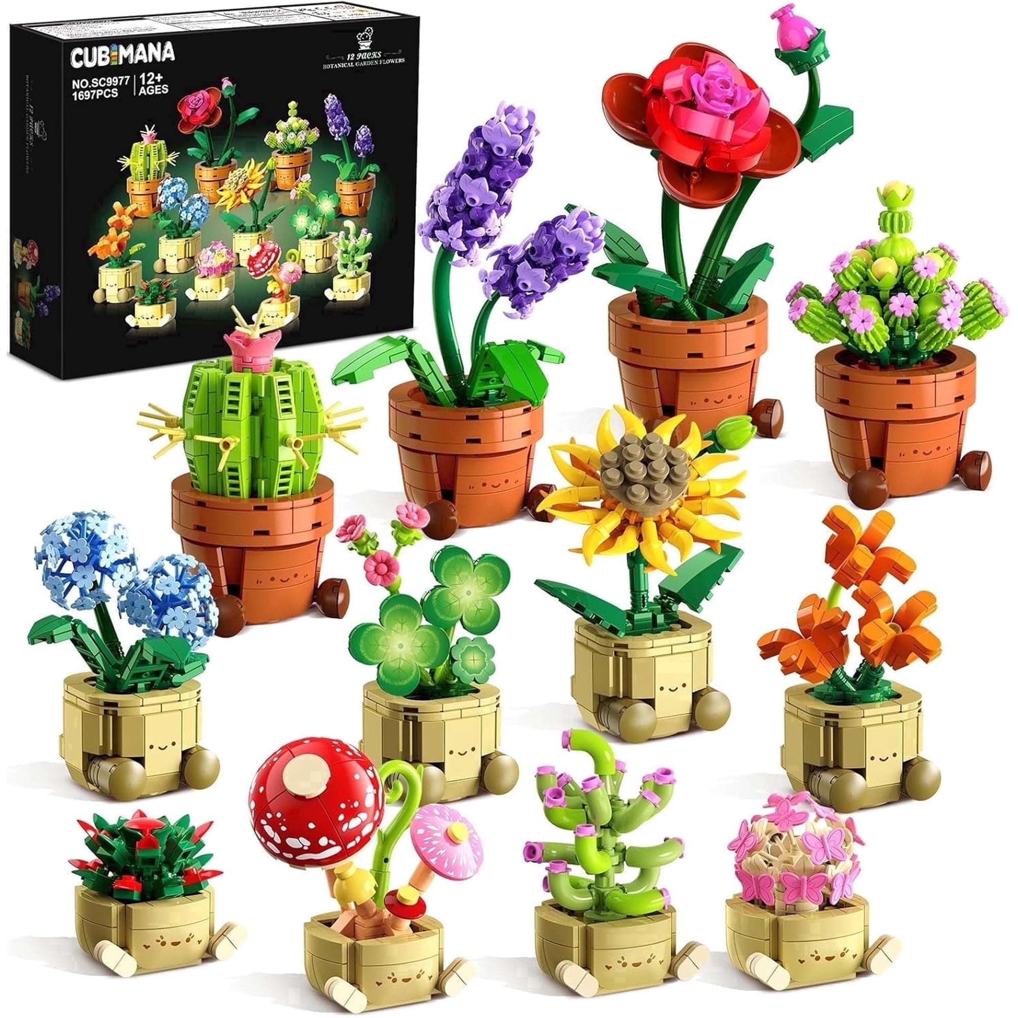 HOGOKIDS 12 Pack Flower Building Set, 1697 Pcs Botanical Collection Home Office Decor Building Blocks Kit, Creative Building Toys for Age 12+