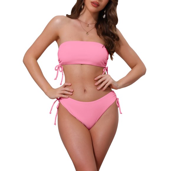 INSPIRAR CHIC Conjuntos de Bikini de Dos Piezas para Mujeres con Tirantes de Banda y Lazo Lateral, Parte Superior Sin Tirantes y Parte Inferior en Forma de Triángulo, Trajes de Baño, Grande, Rosa