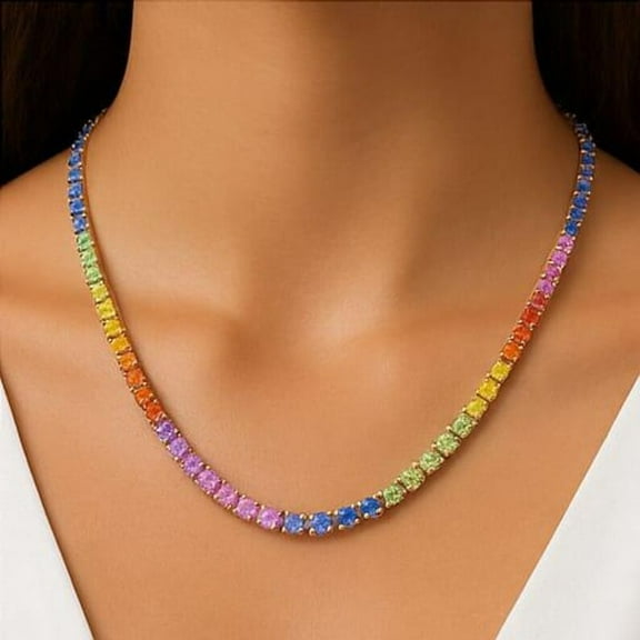 925 Rainbow sapphire tennis necklace Lab created Multi sapphire chain choker necklace, Rainbow sapphire light tennis necklace Gift For Her