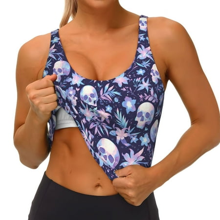 Qokaie Skull flower white blue Pattern Womens Scoop Neck Sports Bra Breathable Workout Vest Padded U Back Medium Impact Fitness Gym Yoga Bra Workout Crop Top