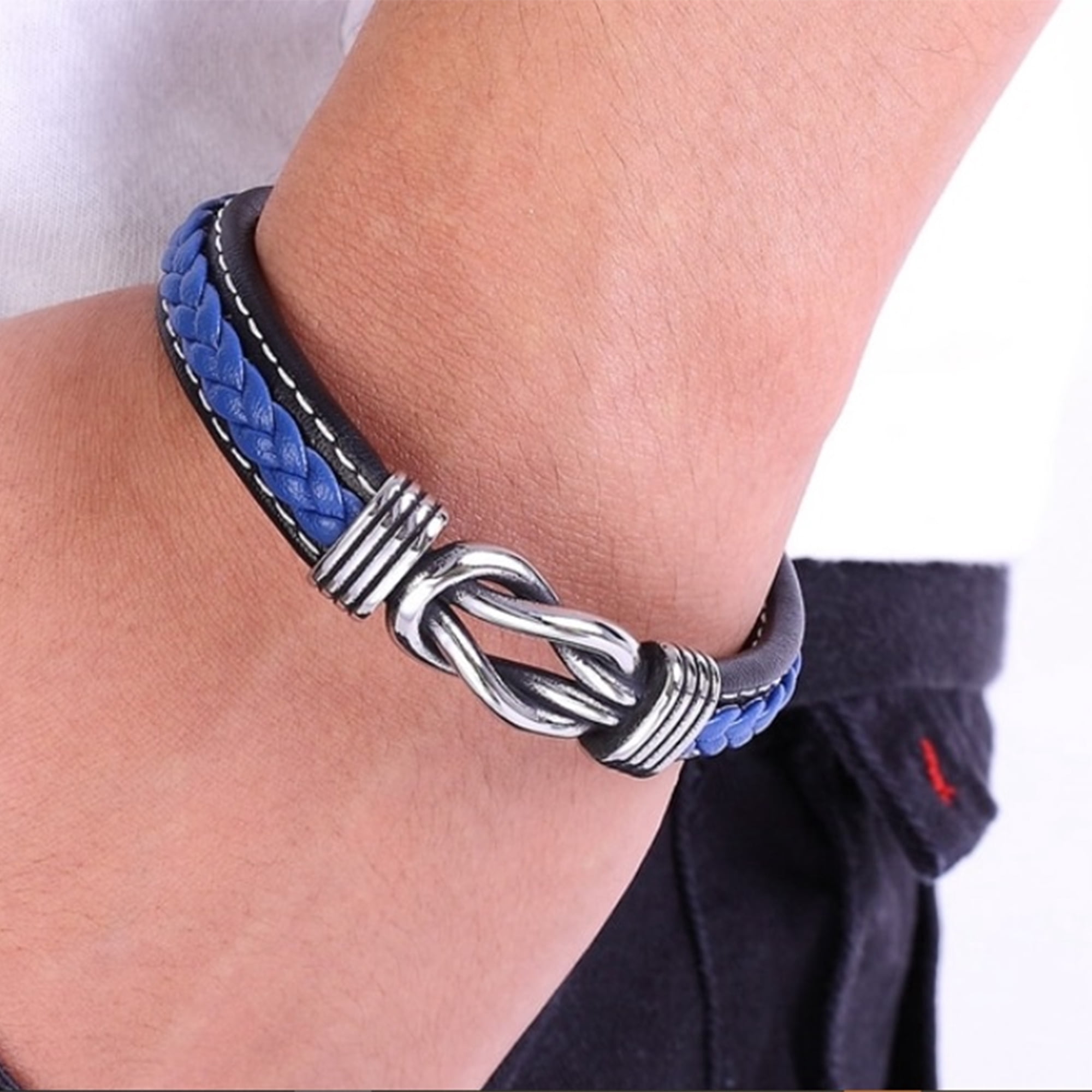 Mens Fashion Leather Bracelet with Stainless Steel Accents, Blue
