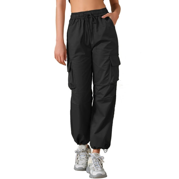 INSPIRAR CHIC Pantalones cargo largos casuales de mujer Y2K con cintura alta y bolsillos en negro