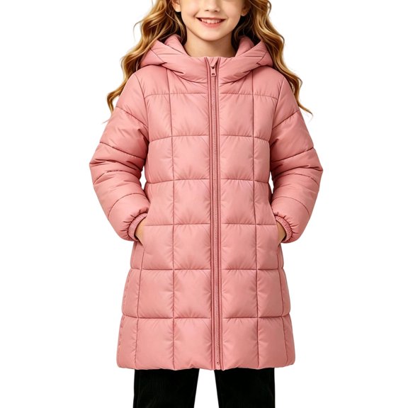 OGLCCG Girls' Winter Coat Insulated Long Quilted Puffer Jacket with Pockets Windproof Hooded Snow Parka Outwear(Pink,7-8 Years)
