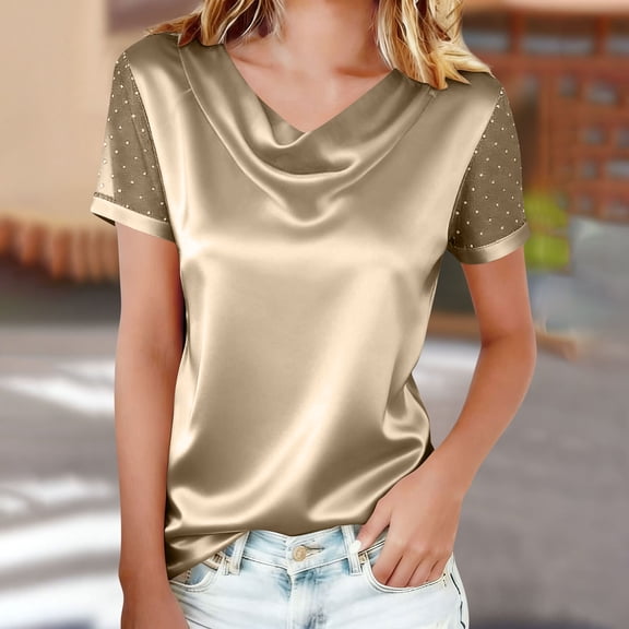 Admvng Womens Tops Casual Solid Color Crotch Neck Mesh Rhinestone T-Shirt Top S-2XL