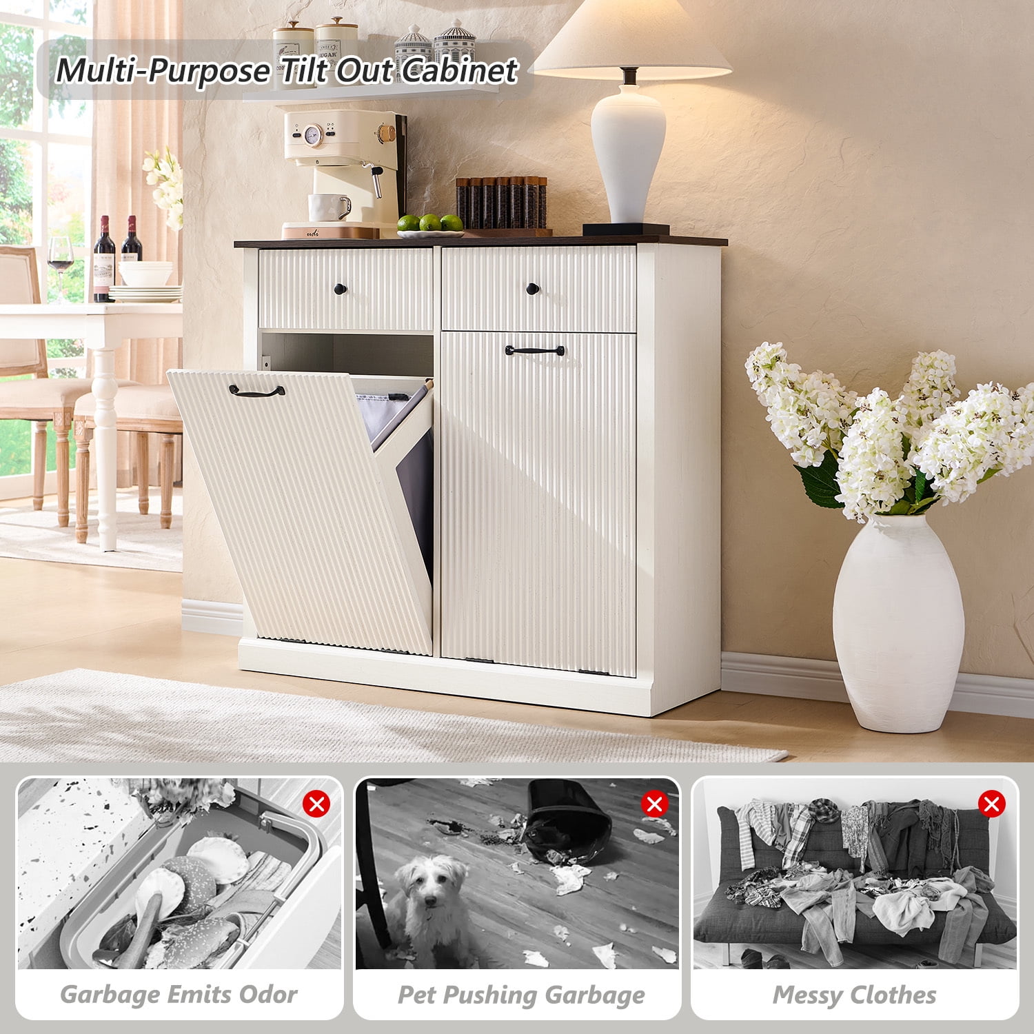 IFGET Double Fluted Tilt-Out Trash Can Cabinet, 20 Gallon Wood Hidden Garbage Can Cabinets with Storage Drawers, Laundry Hamper Cabinet for Bathroom, Kitchen