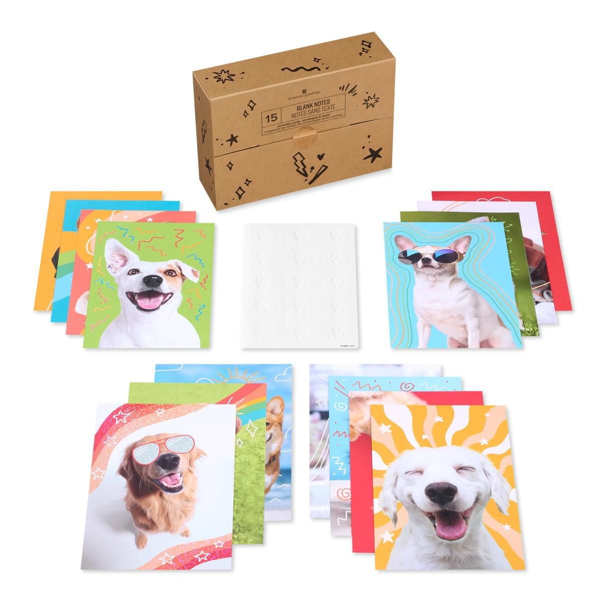 American Greetings - Assortiment en boîte de 15 cartes sans texte et enveloppes, chiens amusants