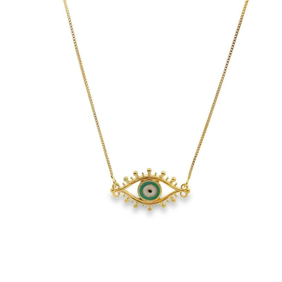 Evil Eye Pendant Box Chain Necklace With Clear Micro CZ Stones (G102)