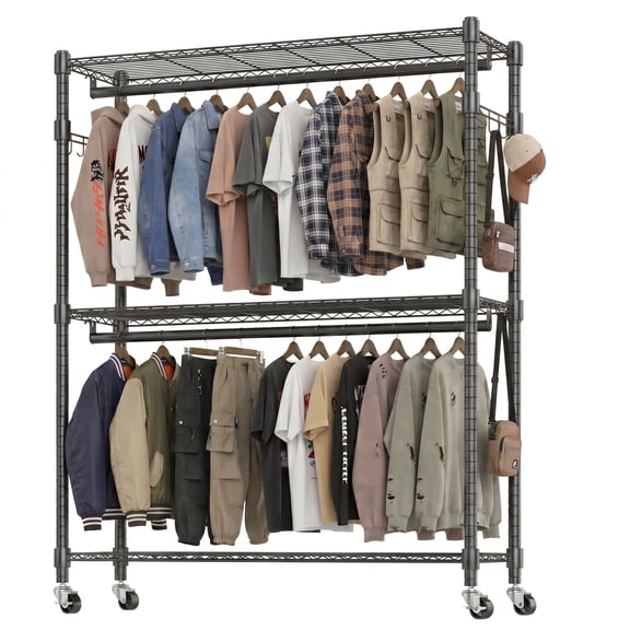 Legooin 47"W x 18"D x 81"H Heavy-Duty Clothes Rack with Hanging Rods Garment Rack Portable Closet for Bedroom Laundry Room 450lbs Load Capacity, Black