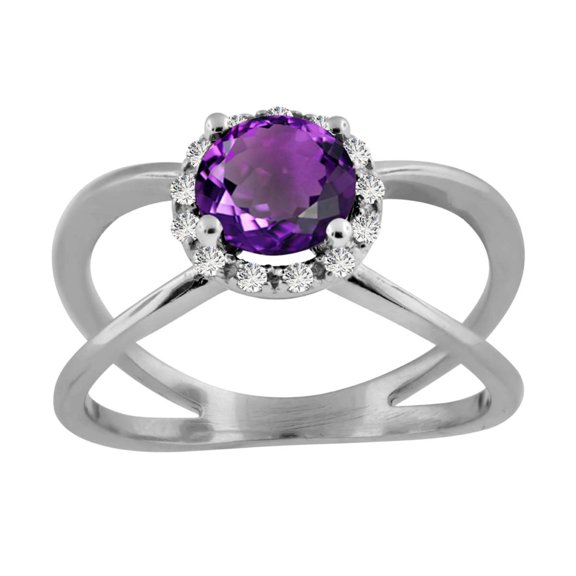 AoneJewelry 0.85 Carat 6MM Round Amethyst and Diamond Ring In 10K Solid Rose, White & Yellow Gold