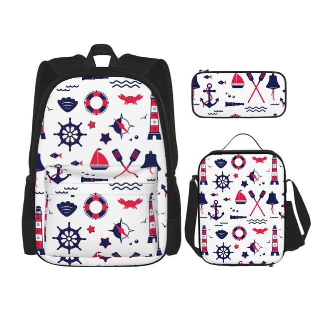 Disketp Sailing Marine Travel Mochila Estampada de Gran Capacidad con Lonchera y Estuche, Set de 3 Piezas para Estudiantes