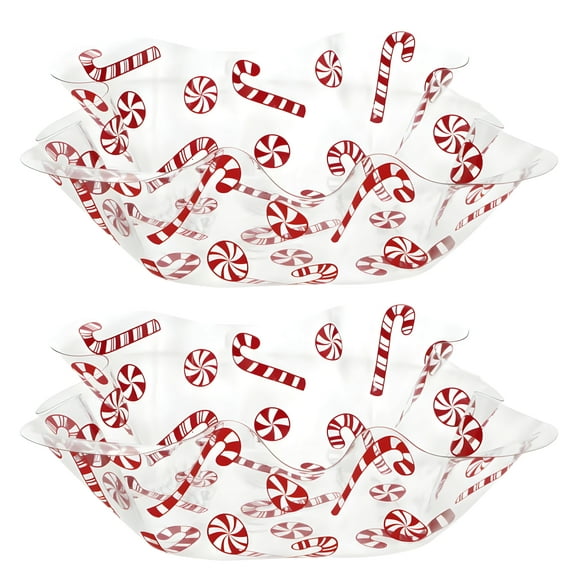 (2) Red Christmas Novelty Plastic Ruffle Serving Bowls, 10.5 in – Holiday Party Snack Dishes, Candy Holders, Treats Containers, Fruit Trays, Tableware Decoration