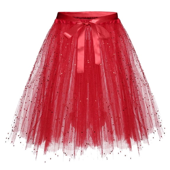 hoksml Girls Solid Color Sparkle Tulle Tutu Skirt, Elastic Waist Skirt with Satin Bow for Party and Dance Outfits
