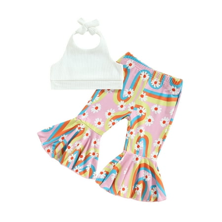 

Frobukio Kids Toddler Girls Pants Sets Lacing Halter Neck Vest Flower Print Flare Pants Baby Girls Summer Outfits White　6-12 Months