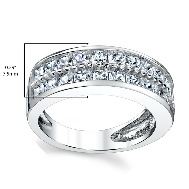 Double Row Princess Cut Men's Sterling Silver Wedding Band Engagement Ring with Cubic Zirconia 7.5mm Size 10