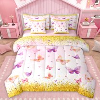 Homewish Cute Cartoon Butterfly 7pcs Bedding Comforter Set,Chic Glitter Print Queen Bedding Sets,Pink Gold Queen Sheet Sets For Girls Kids,Microfiber Bedroom Decor Reversible