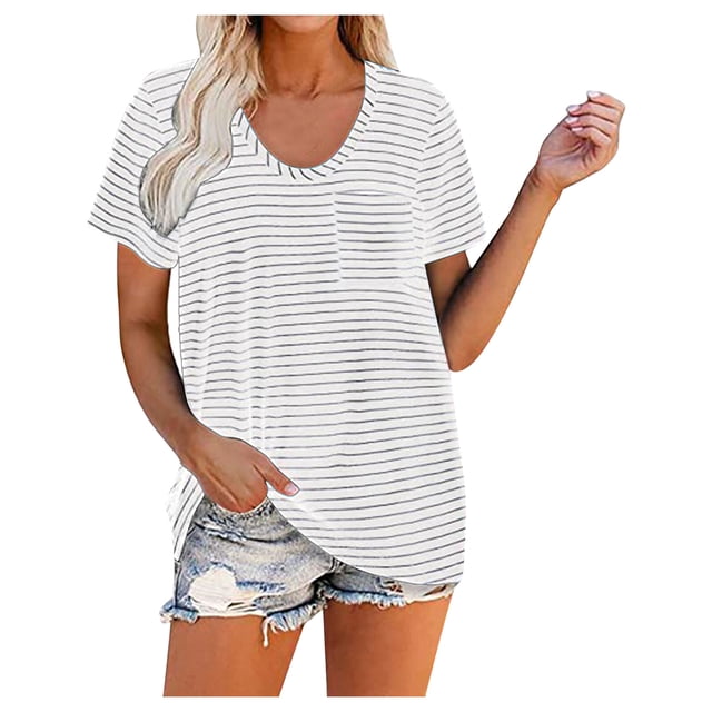Pompotops Womens Summer Fasion Short Sleeve V Neck Solid Color Casual T Shirt Tops