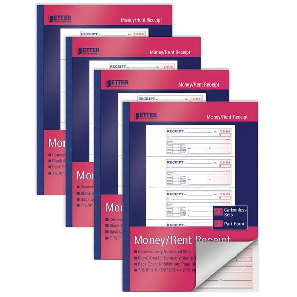 Better Office Products Libros de recibos de dinero en efectivo y alquiler, paquete de 4, tamaño grande, 2 partes, sin carbón (blanco/amarillo canario), 7-5/8 x 10-7/8 pulgadas, 4 juegos por página, 20