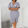 thumbnail image 3 of AURA Womens V Neck Pencil Midi Dress Lantern Short Sleeve High Waist Slit Elegant Work Office Summer Dress with Brooch, 3 of 5