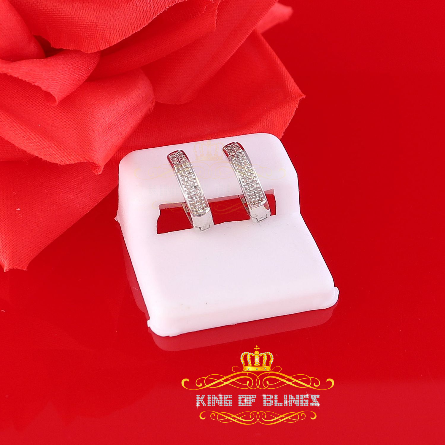King of Bling's 0.15ct Diamond 925 Sterling Silver White Hoop Stud Earrings For Men's / Women's