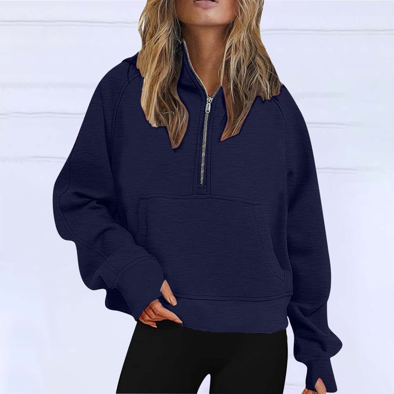 Women's Cropped Sweatshirts Half Zip Pullover Fleece Quarter Zipper Hoodies Thumb Hole Sweaters 2024 Clothes(Grey,XL