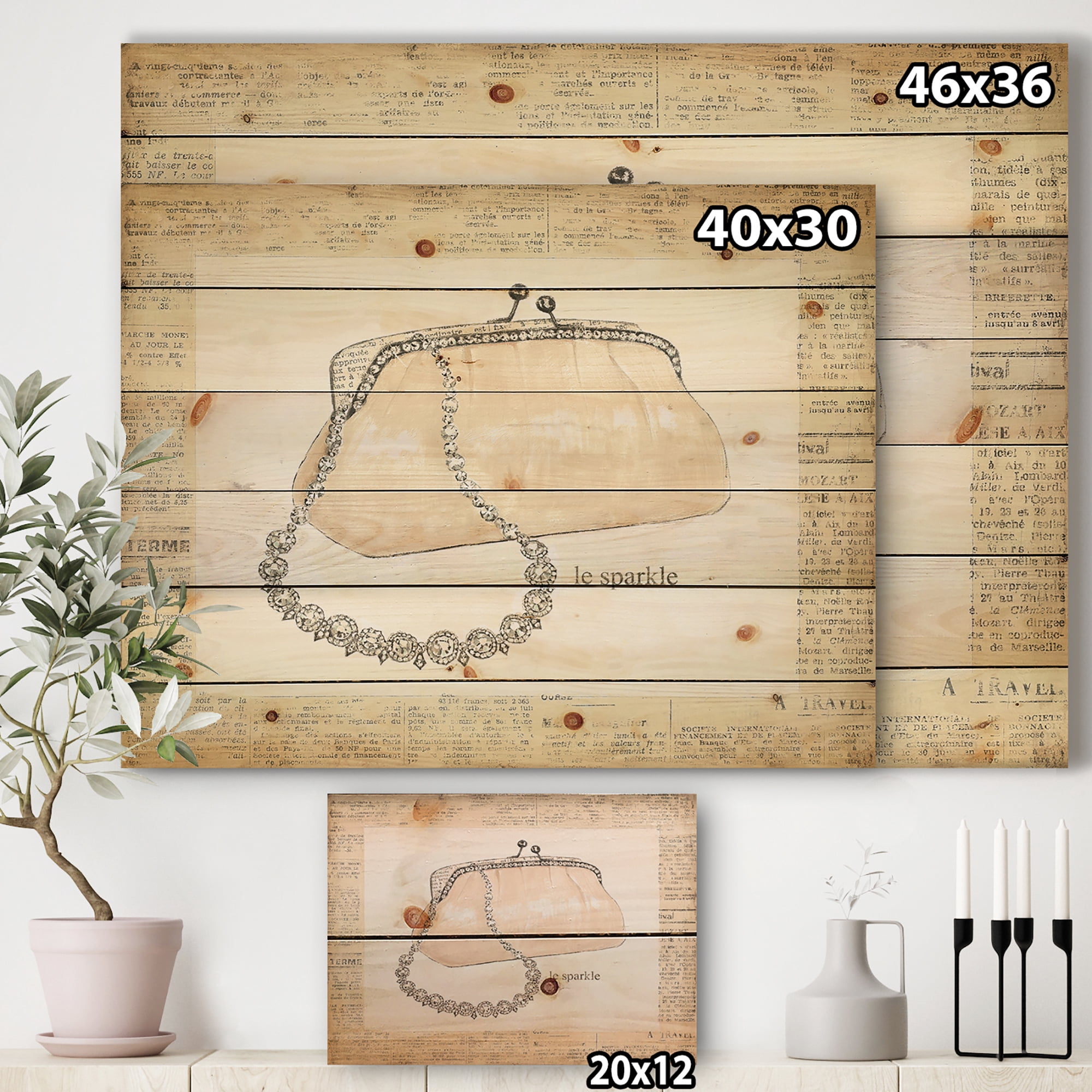 Designart 'Glamorous Diamond Sparkle Purse I' Fashion Print on Natural Pine Wood