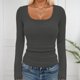 thumbnail image 1 of MHFRRA Camiseta Básica de Punto Acanalado para Mujer, Cuello Cuadrado, Manga Larga, Moda de Otoño, Informal, Elástica, Cómoda, para Niñas y Adolescentes Gris, 1 of 4
