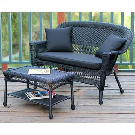 Jeco Wicker Patio Love Seat and Coffee Table Set in Black with Black Cushion