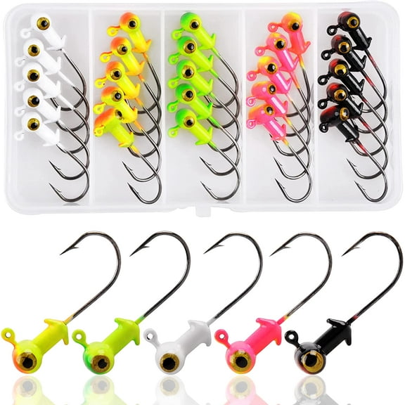 OROOTL 25pcs Fishing Jig Heads Kit, Football Painted Head Jig Hook with Double Eye Glow Crappie Bass Jig Head Hooks for Freshwater Saltwater 1/8oz 3/16oz 1/4oz