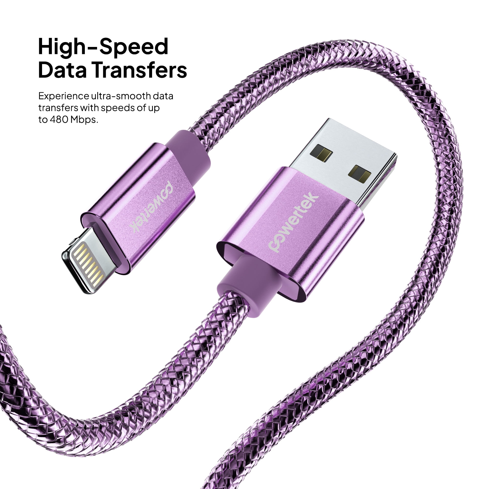 Powertek Luxe 6ft USB-A to Lightning Cable, Purple, Fast Charge & Sync, Metallic Mesh PVC Jacket, Durable Tangle-Free Design