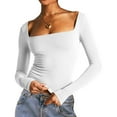 thumbnail image 3 of UJNDER Women's Long Sleeve Crop Top Square Neck Double Lined Basic Slim Fit T Shirts for Women Casual Wear White M, 3 of 7