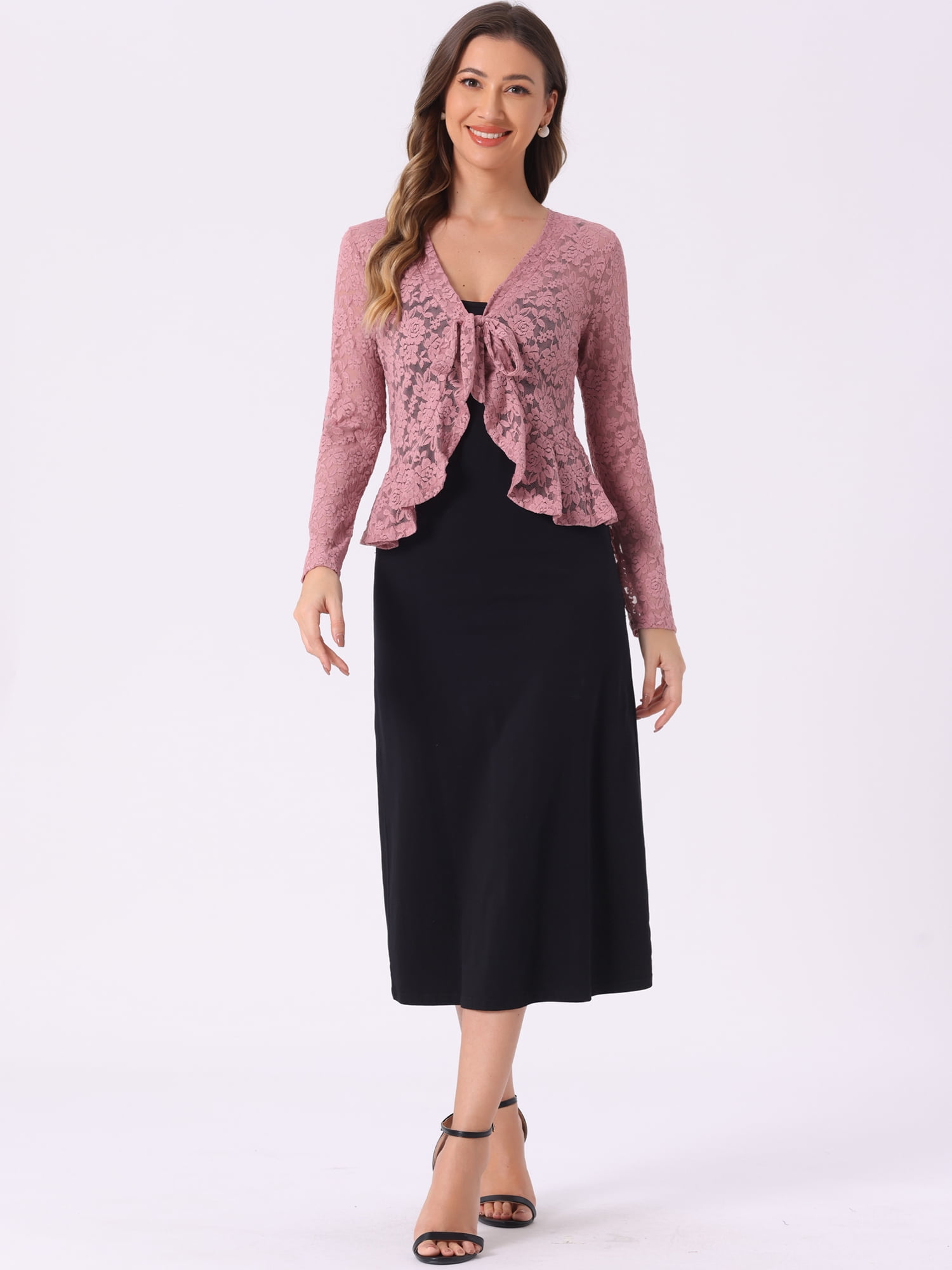 DARING DIVA Women's Ruffled Hem Floral Lace Crop Shrug Cardigan XS Dark Pink