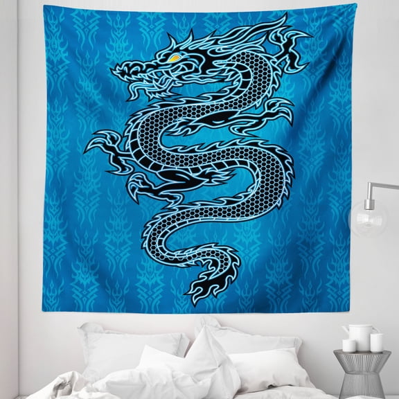Dragon Tapestry, Black Dragon on Blue Tribal Background Year of the Dragon Themed Art, Fabric Wall Hanging Decor for Bedroom Living Room Dorm, 5 Sizes, Blue Black White, by Ambesonne